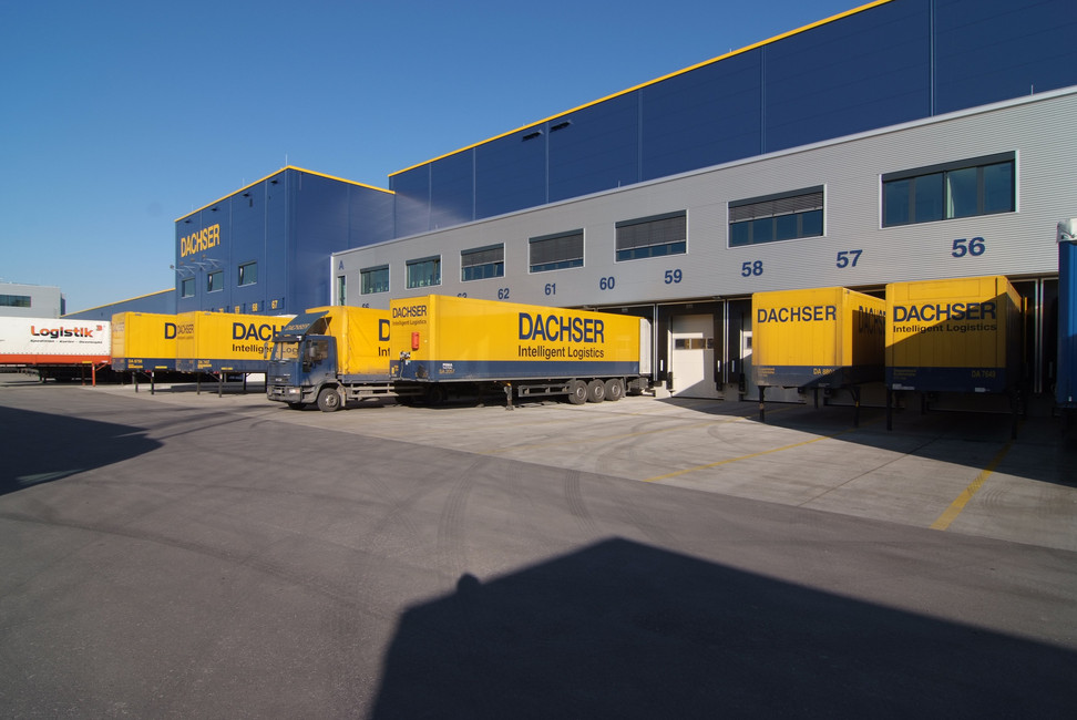 Mehrere gelbe Dachser LKWs stehen auf einer Logistikfläche und werden beladen. Die Sonne scheint und der Himmel ist blau.